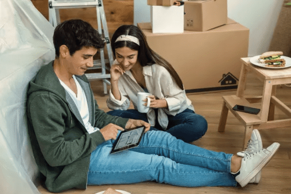 Windstream Kinetic Fiber and Reliable Internet Services A man and woman sitting on the floor, focused on a laptop in front of them