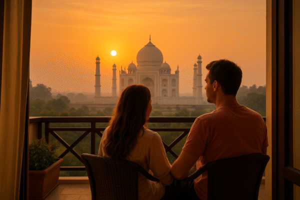 Couple enjoying Taj Mahal sunrise view from a homestay in Agra