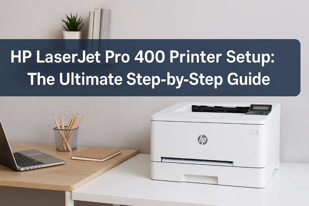 An HP LaserJet Pro 400 printer placed on an office desk ready for initial setup.