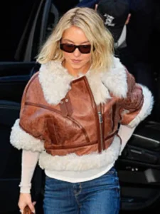 Sydney Sweeney New York City Cropped Shearling Brown Leather Zip-Up Jacket with Off-White Fleece Collar & Cuffs