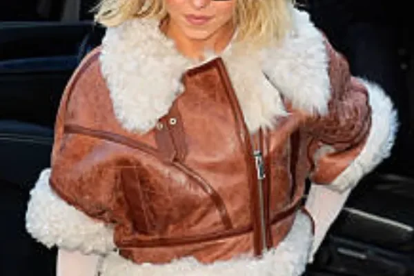 Sydney Sweeney New York City Cropped Shearling Brown Leather Zip-Up Jacket with Off-White Fleece Collar & Cuffs